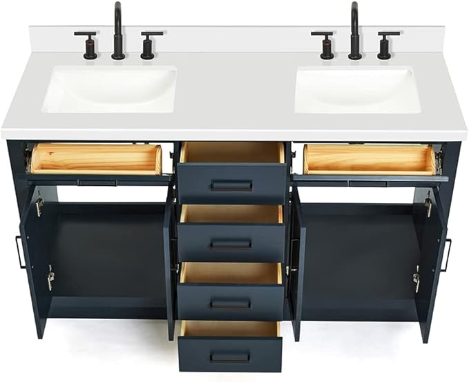 ARIEL Hepburn 60-inch Bathroom Vanity with Sink,Solid Wood, 1.5-inch Pure White Quartz Countertop, Double Rectangular Porcelain Sink, 4 Soft Closing Doors, 6 Dovetail Drawers, Midnight Blue