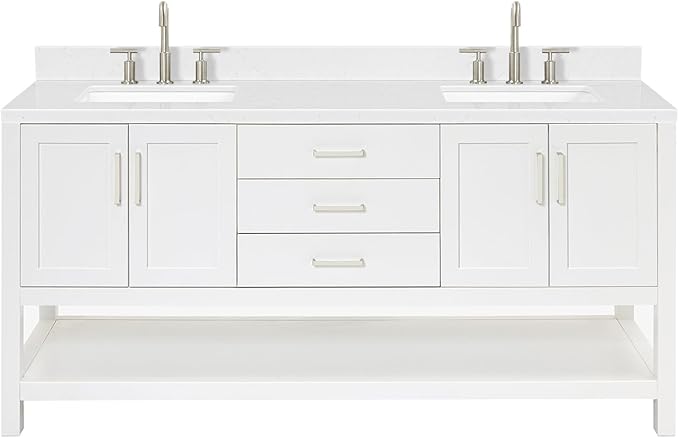 ARIEL Magnolia 72-inch Bathroom Vanity with Sink,Solid Wood, 1.5-inch Carrara White Quartz Countertop, Double Rectangular Porcelain Sink, 4 Soft Closing Doors, 3 Dovetail Drawers, White
