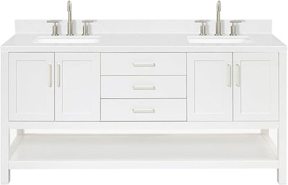ARIEL Magnolia 72-inch Bathroom Vanity with Sink,Solid Wood, 1.5-inch Carrara White Quartz Countertop, Double Rectangular Porcelain Sink, 4 Soft Closing Doors, 3 Dovetail Drawers, White