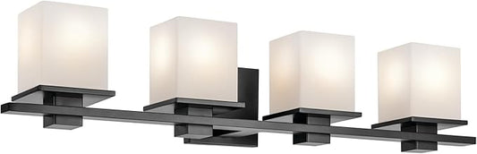 Kichler Tully 32" 4-Light Vanity Light with Satin Etched Cased Opal Glass in Black for Over a Vanity, Soft Modern Style, (32" x 6.5" x 7"), 45152BK