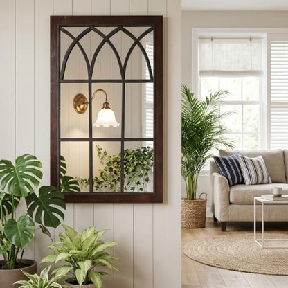 Rustic Window Mirror for Wall Decor, Wooden Frame Decorative Wall Mirror