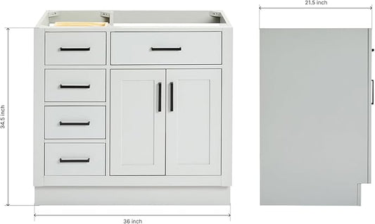 ARIEL Hepburn 36-inch Bathroom Vanity Base Cabinet,Solid Wood, 2 Soft Closing Doors, 5 Dovetail Drawers, Grey