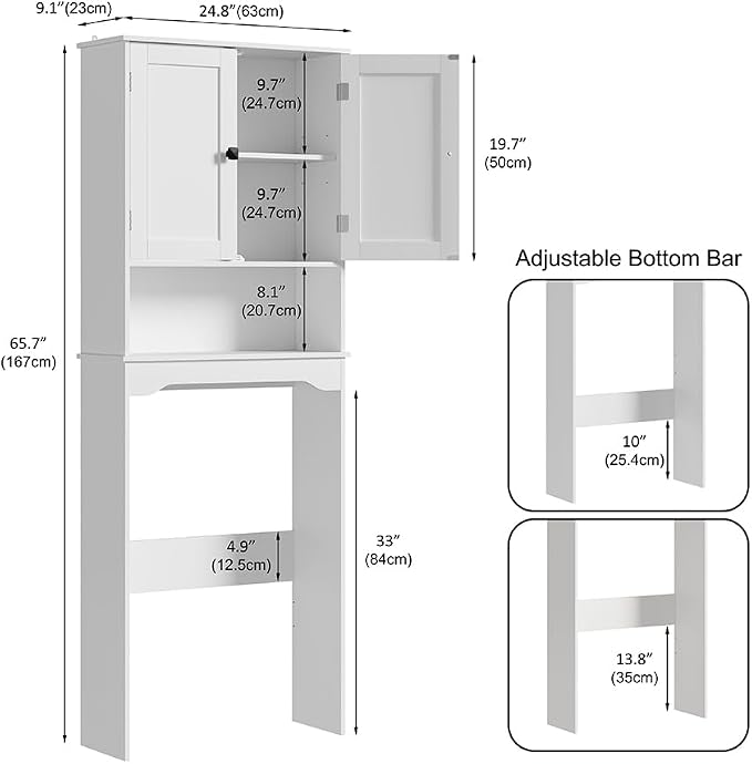 RRX Over The Toilet Storage Cabinet, Bathroom Above Organizer (Pure White) | Free Standing Toilet Rack with Adjustable Shelf and Open Storage, Double Doors, Space Saver, 24.8" L x 9.1 "W x 65.7 "H