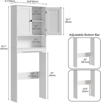 RRX Over The Toilet Storage Cabinet, Bathroom Above Organizer (Pure White) | Free Standing Toilet Rack with Adjustable Shelf and Open Storage, Double Doors, Space Saver, 24.8" L x 9.1 "W x 65.7 "H
