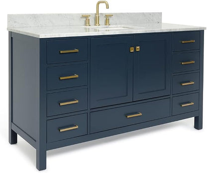 ARIEL Cambridge 60-inch Bathroom Vanity with Sink,Solid Wood, 0.75-inch Italian Carrara Marble Countertop, Single Rectangular Porcelain Sink, 2 Soft Closing Doors, 9 Dovetail Drawers, Midnight Blue