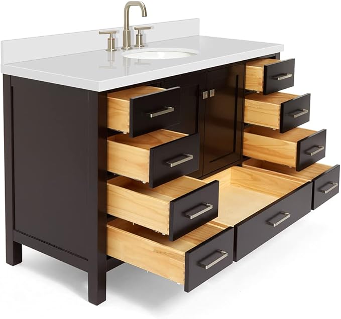 ARIEL 55" Espresso Bathroom Vanity with 1.5" Edge Pure White Quartz Countertop & Backsplash, Center Oval Sink, 2 Soft Closing Doors, 9 Full Extension Dovetail Drawers, Satin Brass