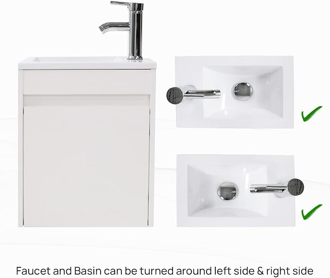 wonline 16" Bathroom Vanity Set Wall Mounted for Small Space Fully Assembled Cabinet with Sink Combo Chrome Faucet White