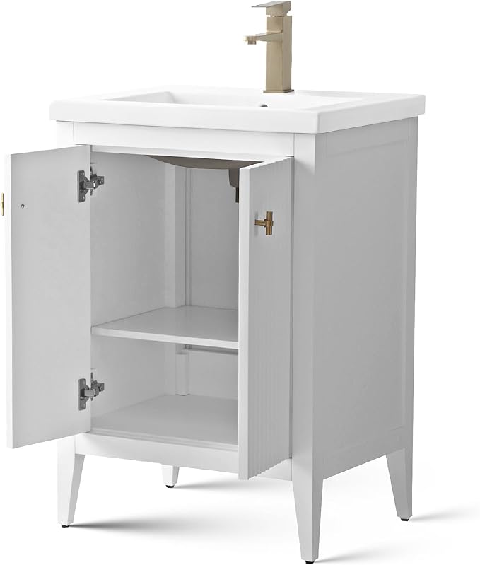 Vanity Art 24 inch Bathroom Vanity with Single Sink & Ceramic Top, Vanity Cabinet with Soft-Closing Door, Solid Wood Frame, Linear Pattern, White, Golden Brushed Handware VA9124-W-GB
