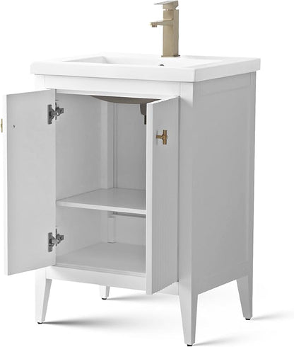 Vanity Art 24 inch Bathroom Vanity with Single Sink & Ceramic Top, Vanity Cabinet with Soft-Closing Door, Solid Wood Frame, Linear Pattern, White, Golden Brushed Handware VA9124-W-GB