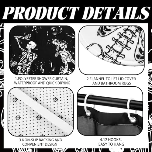 Honoson 8 Pcs Halloween Skeleton Shower Curtain Set