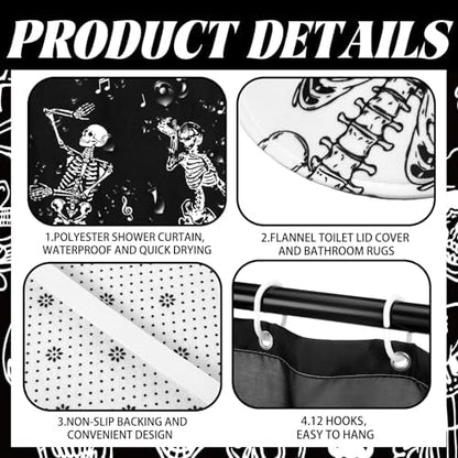 Honoson 8 Pcs Halloween Skeleton Shower Curtain Set