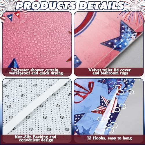FuWeave 8 Pcs 4th of July & Memorial Day Shower Curtain Set, 250th Anniversary Patriotic Bathroom Decor, White Red Blue Star Flag American Bathroom Set with Towel, Rug, Toilet Lid Cover & 12 Hooks
