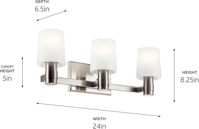 Kichler Adani 3-Light Vanity, Modern Light with Opal Glass in Brushed Nickel, Bathroom or Powder Room (8.25" x 24"), 55176NI