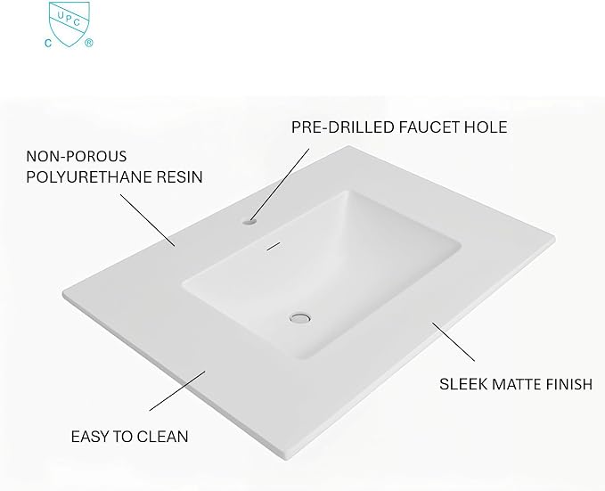37" Bathroom Vanity Top with Integrated Sink & Backsplash – Solid Surface Polyurethane Resin, Matte White, Built-in Overflow, Easy-to-Clean Countertop, 37" W x 22" D
