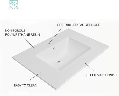 37" x 22" Solid Surface Resin Vanity Top with Integrated Sink and Backsplash, Matte White Countertop, Single Faucet Hole, Built-In Overflow