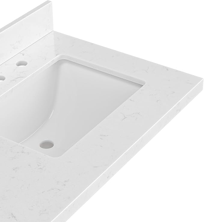 ARIEL 36 inch Bathroom Vanity top with Sink, 1.5 Inch Thick Miter Edge Carrara White Quartz top, Right Offset Vanity top with Rectangle Porcelain Sink, Includes Backsplash