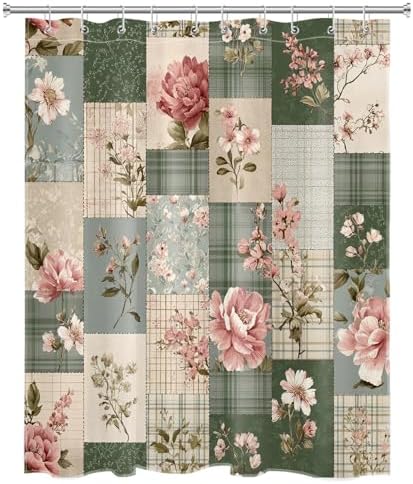 Vintage Floral Patchwork Shower Curtain for Bathroom, Pink Flower and Green Plaid Retro Shower Curtain Set Country Farmhouse Bathroom Decor Accessories with Hooks, 60W X 72L inches