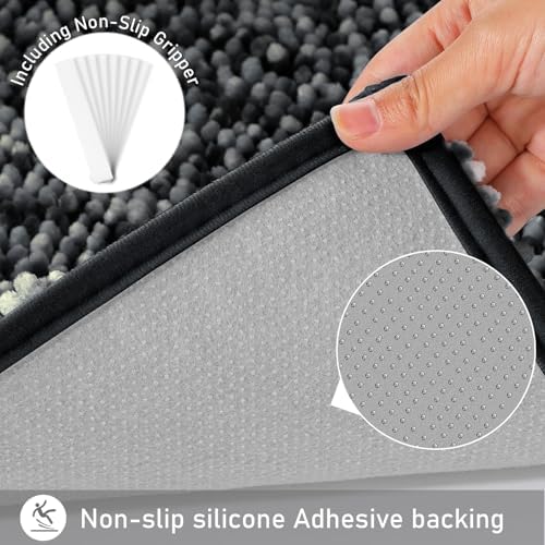Yimobra Luxury Chenille U-Shaped Toilet Rug, Super Soft Shaggy Contour Bath Mat for Bathroom Floor, Fluffy, Water Absorbent, Non Slip, Machine Washable, Dry Quickly, 24''x 20'', Black & Dark Grey