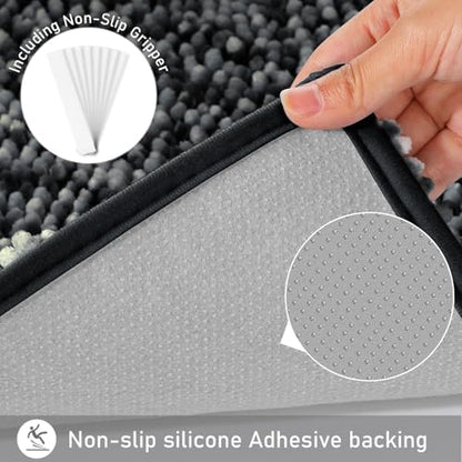 Yimobra Luxury Chenille U-Shaped Toilet Rug, Super Soft Shaggy Contour Bath Mat for Bathroom Floor, Fluffy, Water Absorbent, Non Slip, Machine Washable, Dry Quickly, 24''x 20'', Black & Dark Grey