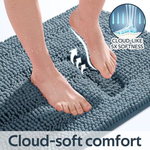 SmileYes Striped Haze Blue Bathroom Rug Set 3 Pieces Ultra Soft, Non Slip Chenille Bath Carpet, Absorbent Plush Shaggy Bath Mats for Bathroom, Bedroom, Stone Blue