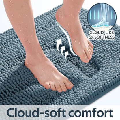 SmileYes Striped Haze Blue Bathroom Rug Set 3 Pieces Ultra Soft, Non Slip Chenille Bath Carpet, Absorbent Plush Shaggy Bath Mats for Bathroom, Bedroom, Stone Blue