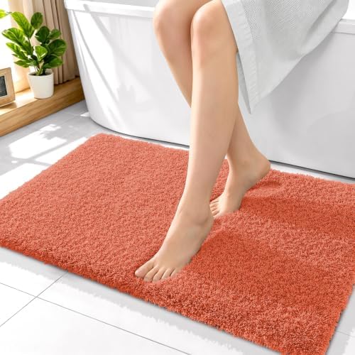 OLANLY Microfiber Bathroom Rugs 36x24, Ultra Soft Absorbent Bath Mat, Coral