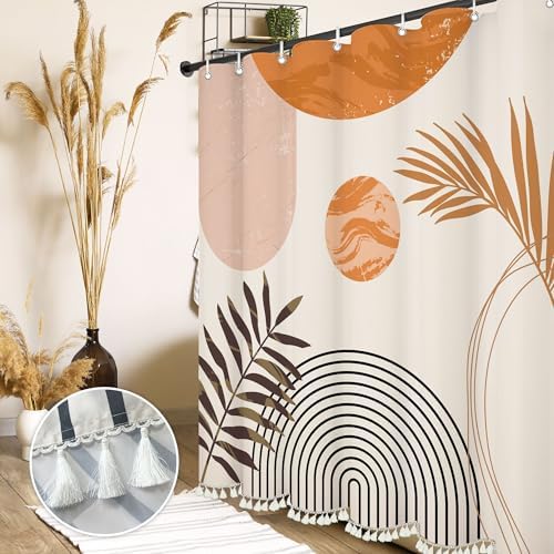 Boho Mid Century Leaf Shower Curtain Set,Arch Sun Design,Minimalistic Leaves Pattern,Waterproof and Luxurious Fabric-12 Hooks(Orange-72" x 78")
