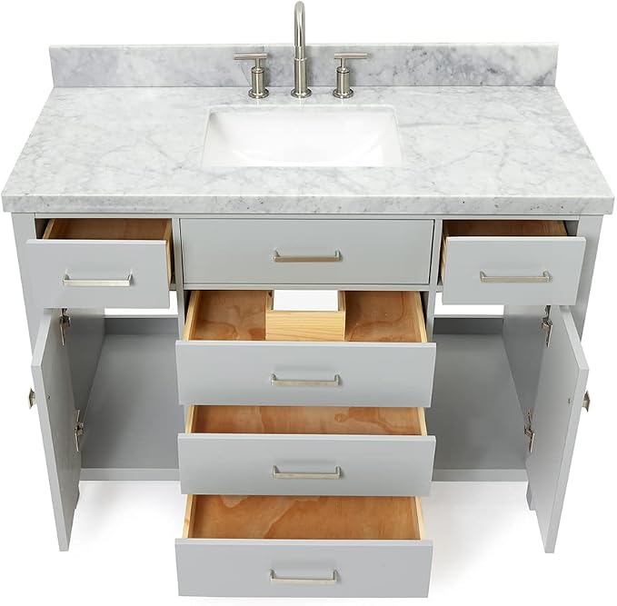 Alenza 48-Inch Grey Bathroom Vanity, 1.5-Inch Edge Italian Carrara Marble Countertop & Backsplash, Rectangular Sink, 2 Soft Closing Doors, 5 Dovetail Drawers, Polished Chrome Hardware