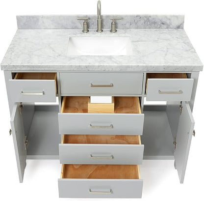 Alenza 48-Inch Grey Bathroom Vanity, 1.5-Inch Edge Italian Carrara Marble Countertop & Backsplash, Rectangular Sink, 2 Soft Closing Doors, 5 Dovetail Drawers, Polished Chrome Hardware