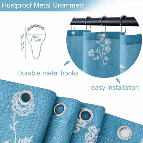 ORTIGIA Blue Linen Shower Curtain Farmhouse Vintage Floral Shower Curtains Navy Boho Rustic Block Print Cottagecore Decor for Bathroom 72 W x 72 L