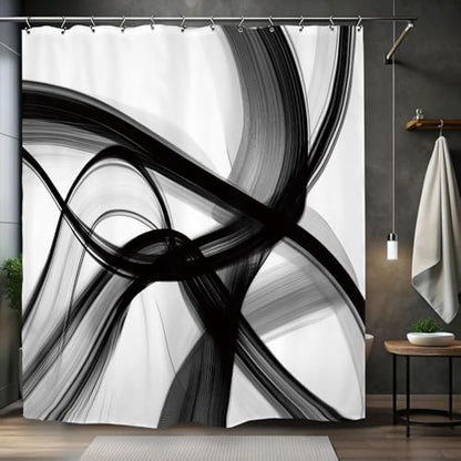 Abstract Modern Black White Shower Curtain 60Wx72L Inch Neutral Minimalist Contemporary Art Simple 3D Bathroom Set Accessories Decor with 12 Pack Hooks