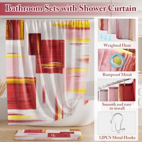 XLHOMO Bathroom Set - Burgundy Bathroom Accessories Set, Bathroom Sets with Shower Curtain and Rugs, Burgundy Shower Curtain Set with Bathroom Trash Can, Soap Dispenser, Soap Dish for Home Decor