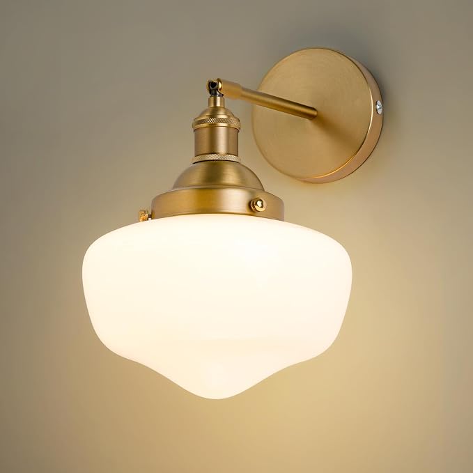 Vintage Wall Sconce, Bathroom Vanity Light with Milky White Glass Shade and Matte Brass Finish Bathroom Light Fixture, Wall Lamps for Living Room
