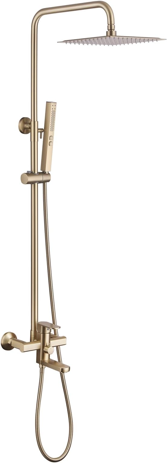 Exposed Shower System 10" Brushed Gold Rainfall Shower Head with 2 Modes Handheld and Tub Faucet Set, Square Shower Head 3 Functions Outdoor Shower Fixtures with Brass Valve, Height Adjustable