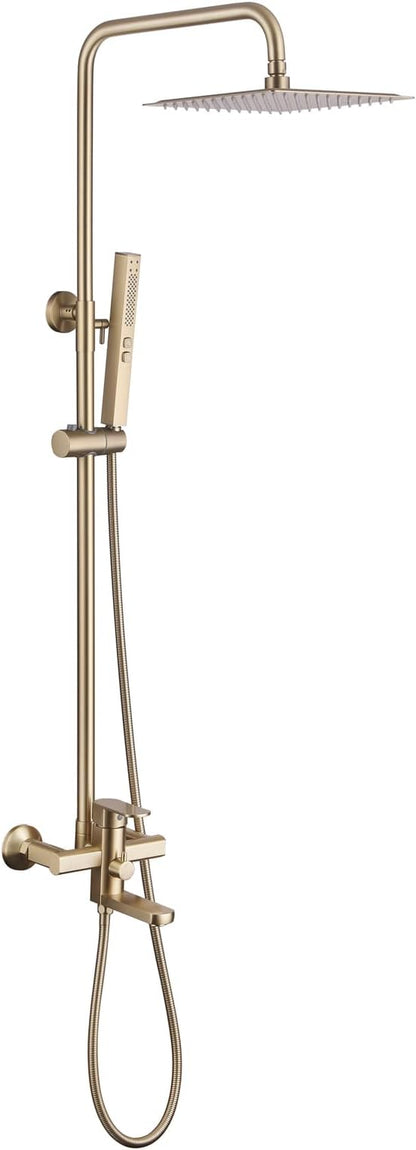 Exposed Shower System 10" Brushed Gold Rainfall Shower Head with 2 Modes Handheld and Tub Faucet Set, Square Shower Head 3 Functions Outdoor Shower Fixtures with Brass Valve, Height Adjustable