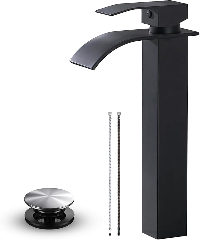 VAPSINT Vessel Sink Faucet, Matte Black Waterfall Tall Bathroom Faucet 1 Hole, Modern Single Handle Stainless Steel Bathroom Sink Faucet with Water Supply Lines & Pop Up Drain