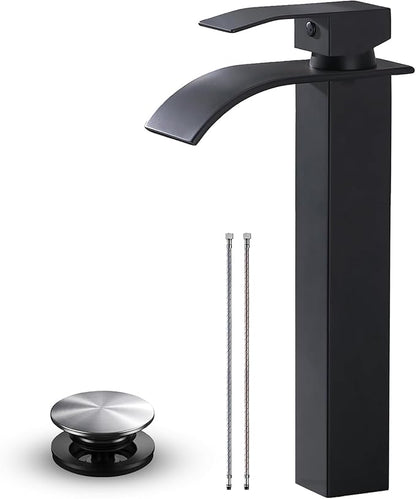 VAPSINT Vessel Sink Faucet, Matte Black Waterfall Tall Bathroom Faucet 1 Hole, Modern Single Handle Stainless Steel Bathroom Sink Faucet with Water Supply Lines & Pop Up Drain
