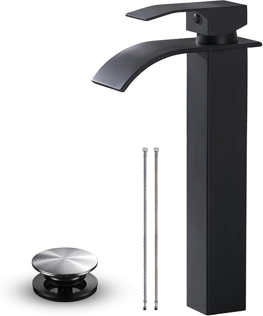 VAPSINT Vessel Sink Faucet, Matte Black Waterfall Tall Bathroom Faucet 1 Hole, Modern Single Handle Stainless Steel Bathroom Sink Faucet with Water Supply Lines & Pop Up Drain