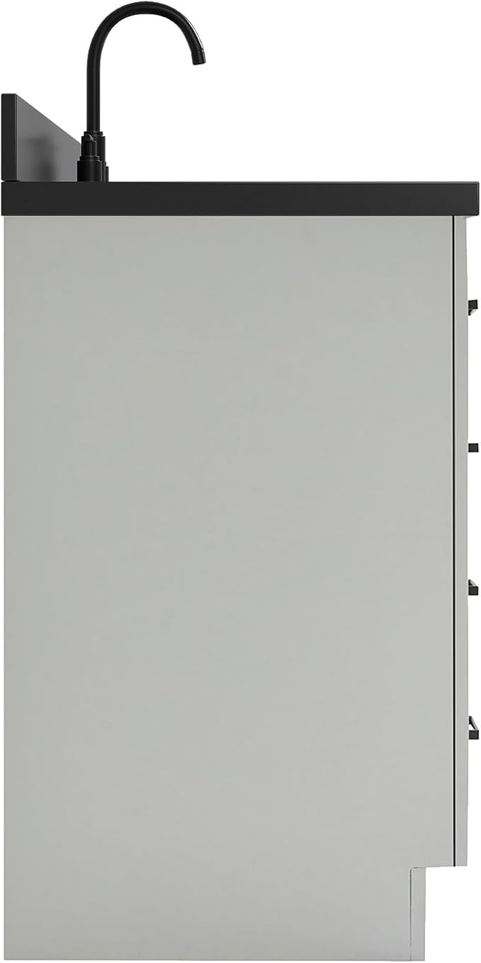 ARIEL Hepburn 60-inch Bathroom Vanity with Sink,Solid Wood, 1.5-inch Carbon Black Quartz Countertop, Single Rectangular Porcelain Sink, Soft Closing Doors, Dovetail Drawers, Grey
