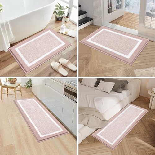Pauwer Bathroom Rugs 3 Piece Set, Non Slip Washable Bath Mat, Dusty Pink