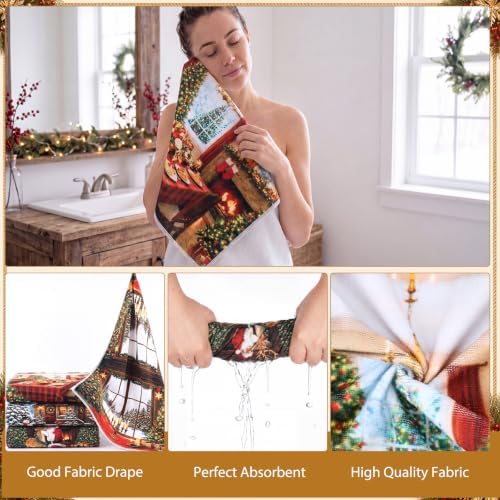 FuWeave 8Pcs Vintage Christmas Shower Curtain Set, Rustic Fireplace Cabin Bathroom Decor with Santa Reindeer & Xmas Stocking, Non Slip Pine Tree Bath Mat, Toilet Lid Cover, Hand Towels and 12 Hooks
