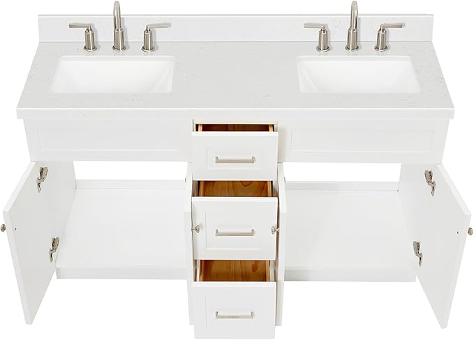 ARIEL Hamlet 60-inch Bathroom Vanity with Sink,Solid Wood, 1.5-inch Carrara White Quartz Countertop & Backsplash, Double Rectangular Porcelain Sink, 4 Soft Closing Doors, 3 Dovetail Drawers, White