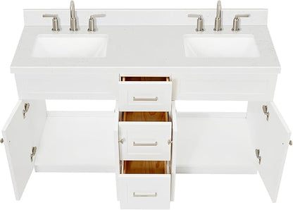 ARIEL Hamlet 60-inch Bathroom Vanity with Sink,Solid Wood, 1.5-inch Carrara White Quartz Countertop & Backsplash, Double Rectangular Porcelain Sink, 4 Soft Closing Doors, 3 Dovetail Drawers, White
