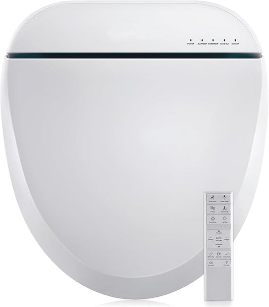 Bidet Toilet Seat 102DS-W, Round, Electronic Heated Seat with Unlimited Warm Water for Home Bathroom, Remote Control, Turbo Wash & Dryer, Night Light, Easy Install - Perfect for Family Use