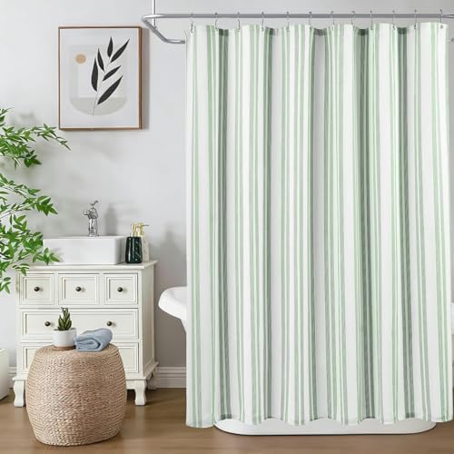 ORTIGIA Green Striped Shower Curtain 72x72 Inch, Waffle Textured Heavy Duty Thick Cloth Fabric Shower Curtains with 12 Metal Hooks,Green and White Bath Bathroom Shower Curtain