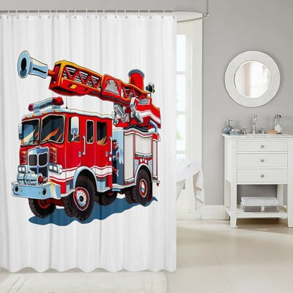 3D Fire Truck Fabric Bathroom Shower Curtain Cartoon Car Vehicle Waterproof Shower Curtains for Kids Boys Girls Firemen Rescue Fire Fighting Shower Curtain with Hooks Red Car Curtain,72x72 Inches