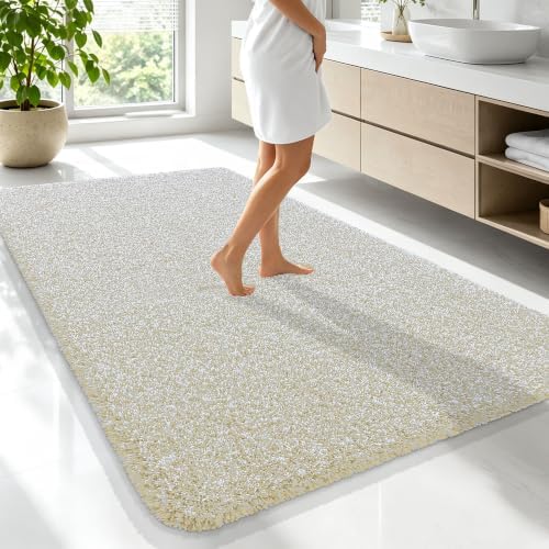 OLANLY Microfiber Bathroom Rugs 70x46, Quick Dry Bath Mat, Sand and White