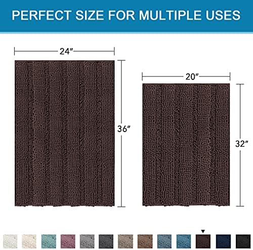 H.VERSAILTEX 2 Piece Bathroom Set - Super Absorbent Chenille Striped Bath Mats - Non Skid, Machine Washable - Chocolate, 24 x 36 Plus 20 x 32 Inches