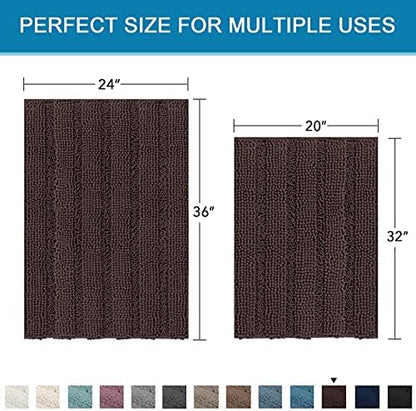H.VERSAILTEX 2 Piece Bathroom Set - Super Absorbent Chenille Striped Bath Mats - Non Skid, Machine Washable - Chocolate, 24 x 36 Plus 20 x 32 Inches