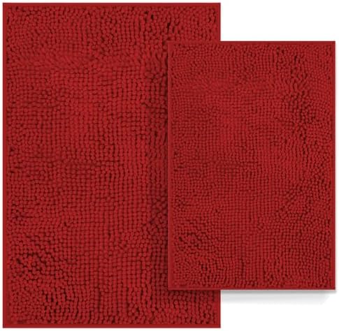 Red Bathroom Rugs Set 2 Piece Ultra Thick Bath Mats, Washable Soft Chenille Bathroom Sets, Bathtub Mat, Ultra Absorbent Bath Carpet